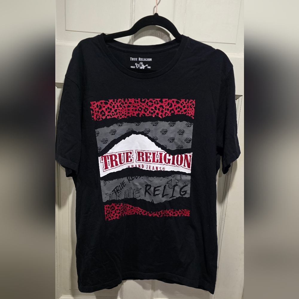 True Religion Black Tee with Red and Gray Design